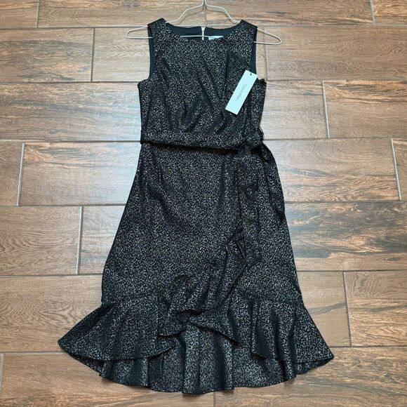 Calvin Klein Black Gold Ruffle Hem Tie Waist Dress Stretch Classy Dress Sz 6 NWT - Picture 1 of 11